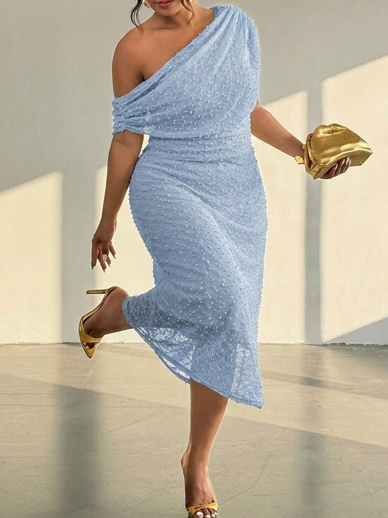 MODA ME COUTURE Dresses & Skirts - Baby Blue Elegant Women's Asymmetric Short Sleeve Pleated Waist Knit Dress